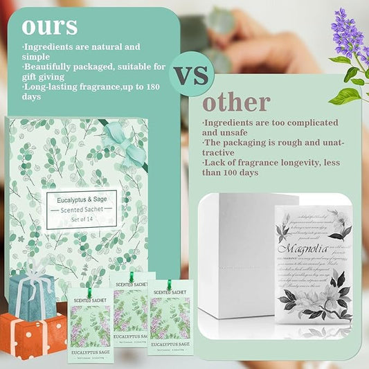 SCENTORINI Sachets for Drawers and Closets, Eucalyptus Sage Sachets Bags, Pack of 14, Home Fragrance Sachet for Wardrobe, Closet, Drawer